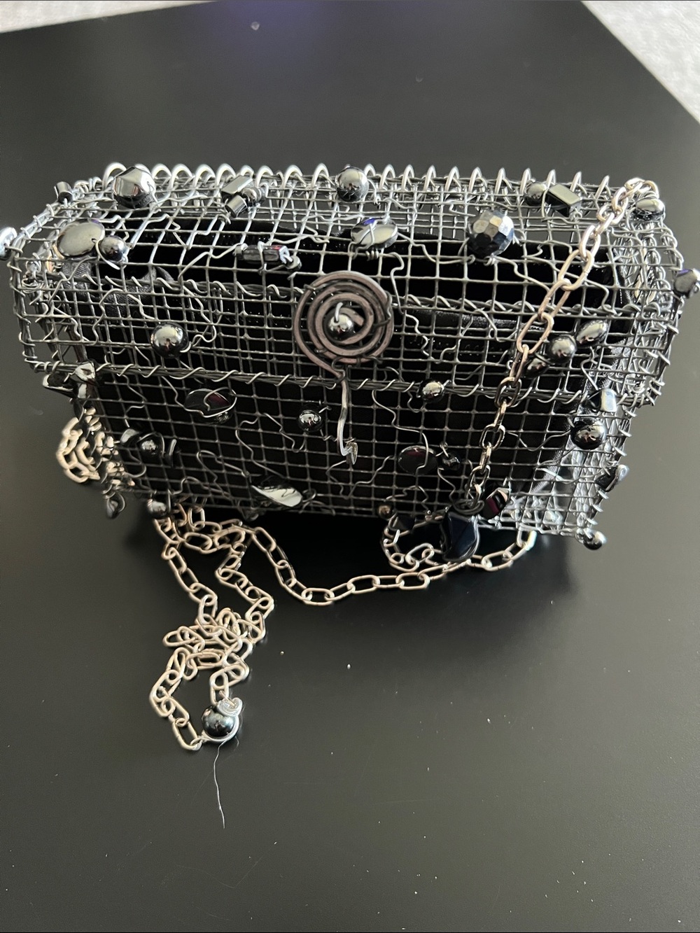 Black Beaded Wire Cage Evening Crossbody